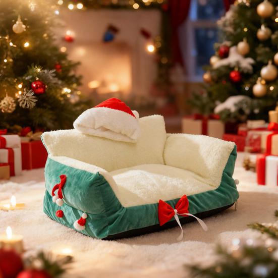 Christmas Cat Bed Fluffy Pet Sofa Bed with Removable Washable Cover Cozy Plush Cat Sofa for Winter Holiday Indoor Cats Rest Play