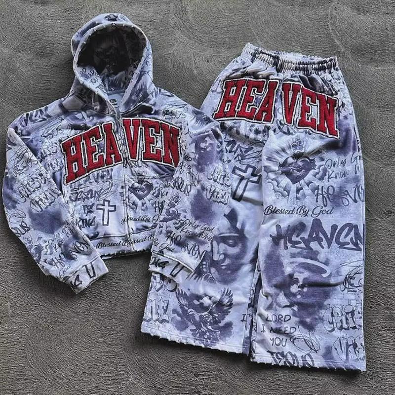 Y2K Style Matching Set Men Women Long Sleeve Hoodie Pants Retro Casual Outfit
