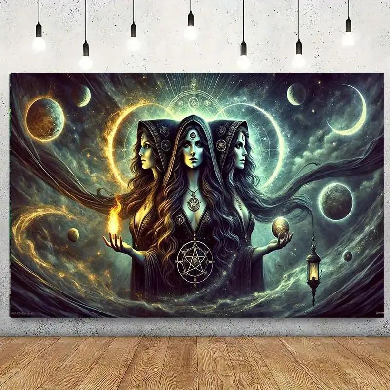 Настенный гобелен «Богиня трех лун» Декор в стиле witchcraft Мистический женский символ Фэнтези Стиль домашнего интерьера