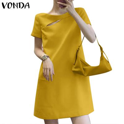 Женские летние прямые однотонные короткие платья с круглым вырезом и короткими рукавами с разрезом и жемчужными пуговицами