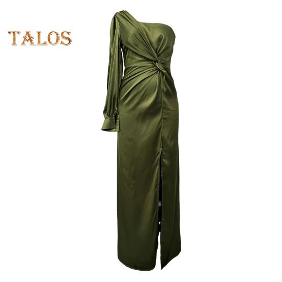 Женское вечернее платье на одно плечо с открытым рукавом, разрезом по низу, однотонное, с тонкой талией, плиссированное, с узлом, однотонное, коктейльное, вечернее платье макси