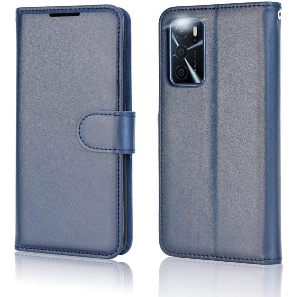 TECHGEAR Leather Wallet Case for Oppo A16s - Blue PU Leather, Magnetic Closure, 3 Card Slots + Cash Pocket, Stand & Wrist Strap (HJ8U)