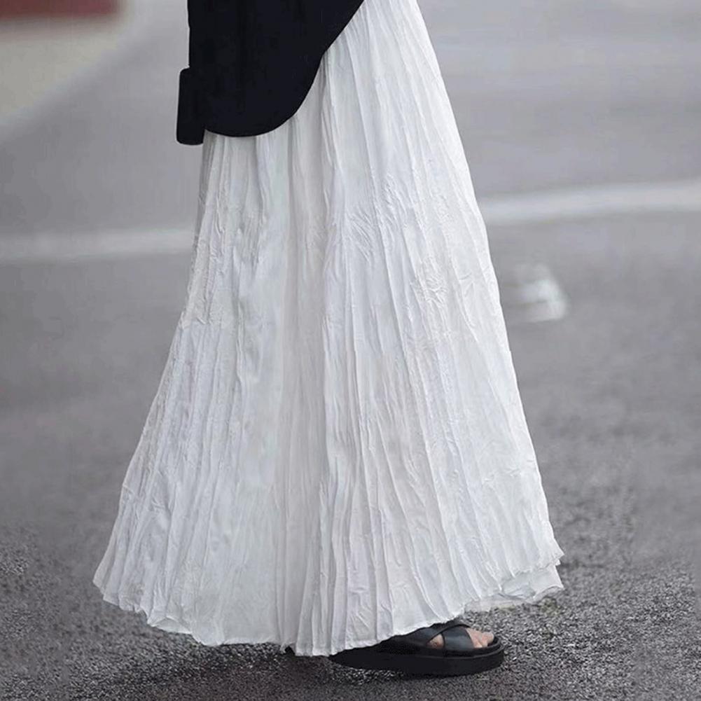 Women Maxi Skirt Elastic High Waist A-Line Pleated Skirt Solid Color Flowy Hem Draped Dance Skirt Work Leisure Daily Wear