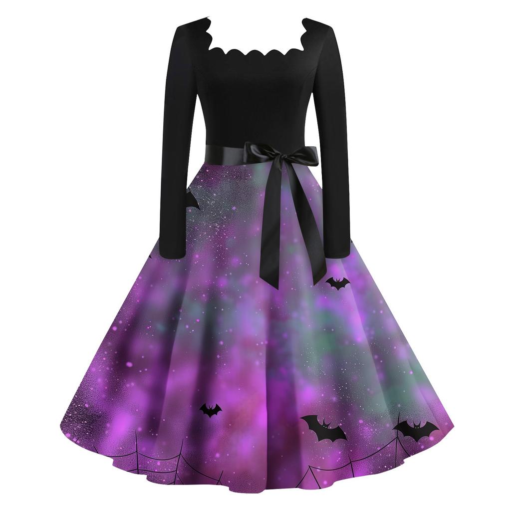 Женское повседневное модное платье в стиле ретро с квадратным вырезом и длинными рукавами