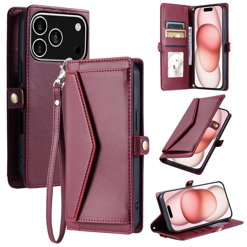 For iPhone 17 Pro Leather Case with Wrist Strap Wallet Stand Phone Cover