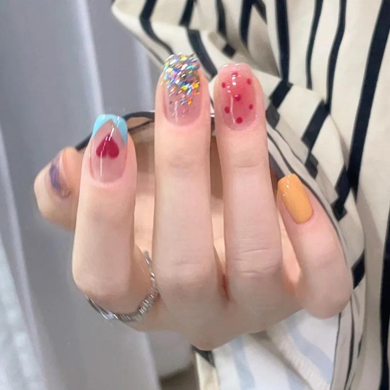 24pcs/set Polka Dot Heart Manicure Finished Wear Fake Nail Stickers Press On Nail