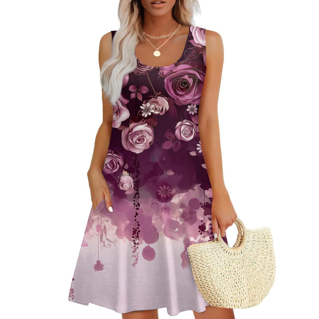 Women's Casual Sundress With Pockets Summer Boho Beach Dress,Holiday Hresses For WomenT-Shirts Dress U Neck Loose Tank Dresses