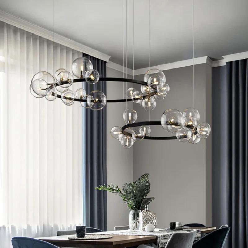 LED Modern Chandelier for Living Dining Room Ring Lights Clear Glass Bubble Ceiling Pendant Lamps Nordic Designer Hall Parlor