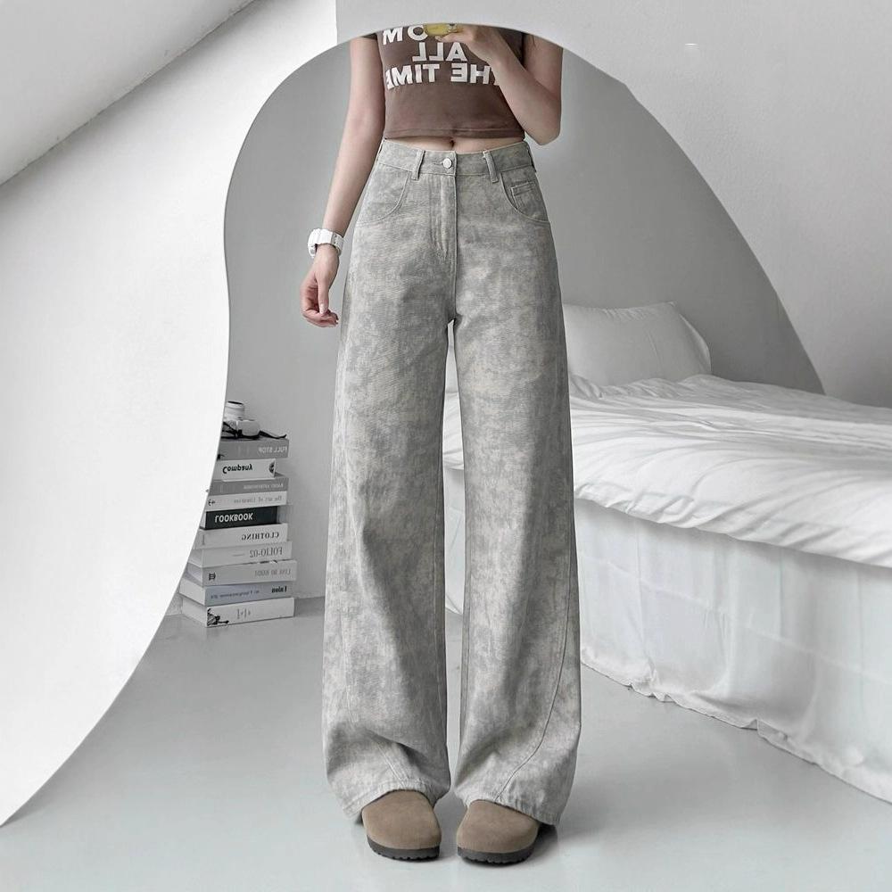 Летние джинсы широкого кроя женские тонкие с принтом тай-дай нишевого дизайна свободные прямые брюки ретро уличный стиль мешковатые длинные джинсы для леди