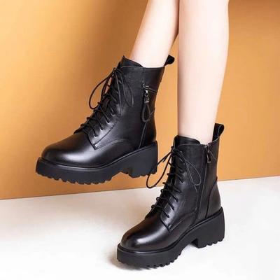 Зимние Новые Ботинки Женские в Британском Стиле - Ботильоны на Платформе на Шнуровке | Подкладка из Меха, Нескользящая Подошва | Уличная Одежда с Боковой Молнией