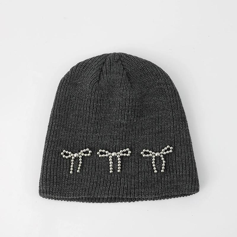 Шапка вязаная с жемчужным бантом для блогеров, женская зимняя однотонная, ветрозащитная и теплая, двухслойная, с защитой ушей, шерстяная шапка