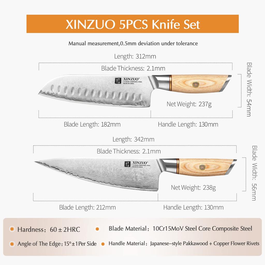 XINZUO Composite Steel 5Pcs Kitchen Knife 3 Layer Clad Steel Chef Knife Set 10Cr15CoMoV Steel Professional Sharp Cooking Knife Stainless Steel Knife