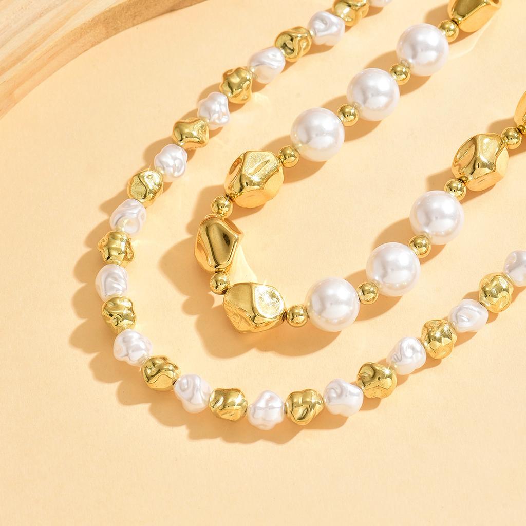 Women's Multi-Layer Faux Pearl & Gold Bead Necklace - Vintage Baroque Imitation Pearl Layered Choker, Elegant Statement Jewelry For Daily Style & Gift