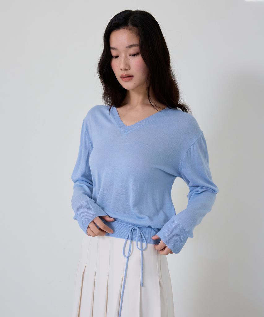 THEELO Strap Detail V-Neck Knit Top (Light Blue)