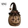 Autumn Harvest Ornaments Halloween Pumpkin Decoration with Wizard Hat, Vintage Resin Witch Figurine Ghost Face Decor Bow, Rustic Tabletop Ornament for