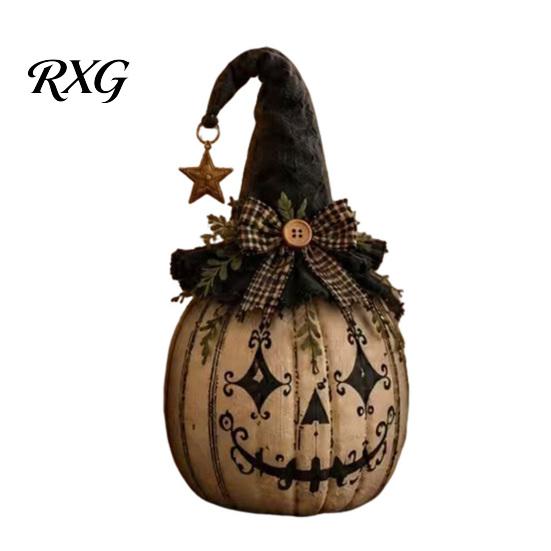 Autumn Harvest Ornaments Halloween Pumpkin Decoration with Wizard Hat, Vintage Resin Witch Figurine Ghost Face Decor Bow, Rustic Tabletop Ornament for
