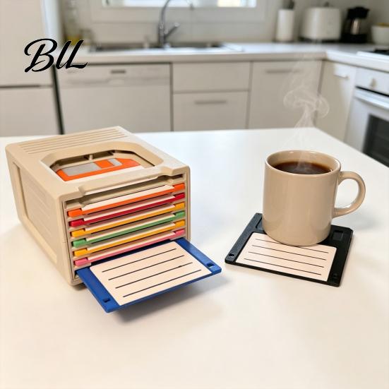 Card Coasters 1 Set Retro Tech Floppy Disk Coaster with Holder 3D Printed Card-Style Drink Easy Clean Pads Mats for Desk Home Heat-Resistant