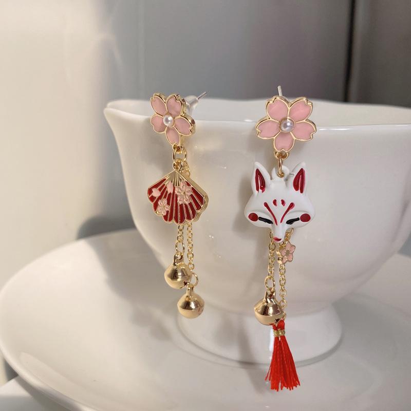 Chinese Fox Mask Folding Fan Asymmetrical Long Tassel Earrings For Women Girls Cherry Blossom Ear Hook Christmas Jewelry
