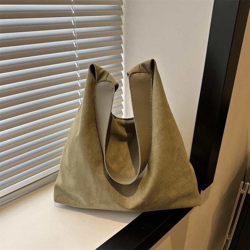 Yogodlns Vintage Women's Bag Large Capacity Suede Shoulder Bag Solid Color Simple Design Casual Commuter Shopper Tote