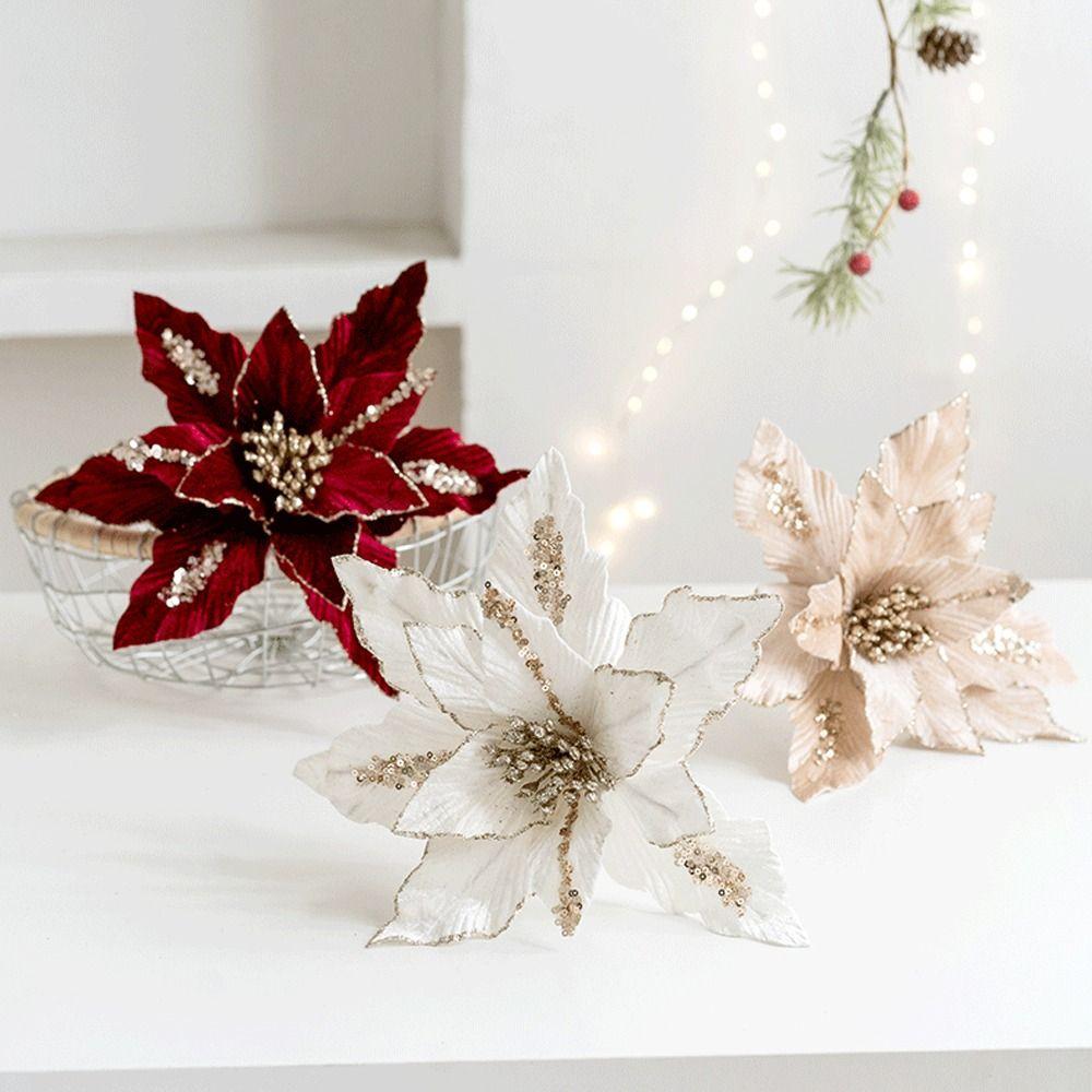 26cm Glitter Christmas Poinsettia Flower Simulation DIY Artificial Flower Realistic Luxury Christmas Tree Decorations