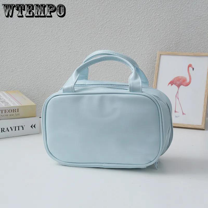 WTEMPO Простые однотонные большие емкости с двойной молнией из искусственной кожи косметички повседневные дорожные чехлы для хранения косметики из искусственной кожи