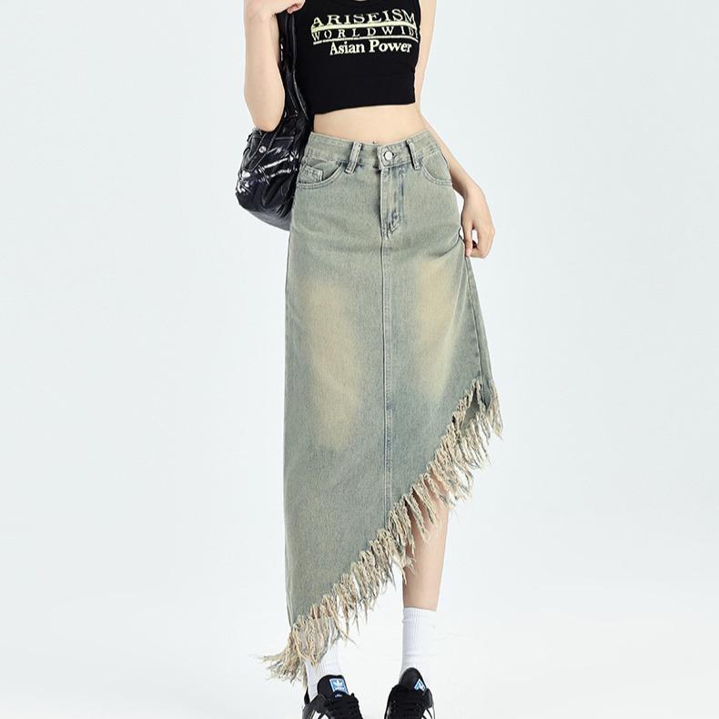 Irregular Tassel Denim Skirt for Women In Summer Design, Small American Retro Hong Kong Style A-line Midi Skirt
