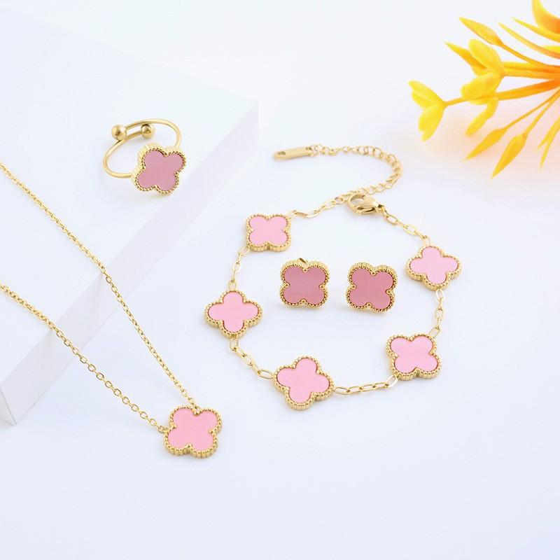 13mm Clover Pendant Necklace Earrings Bracelet Set Women Stainless Steel Cross Chain Pearl Shell Floral Jewelry
