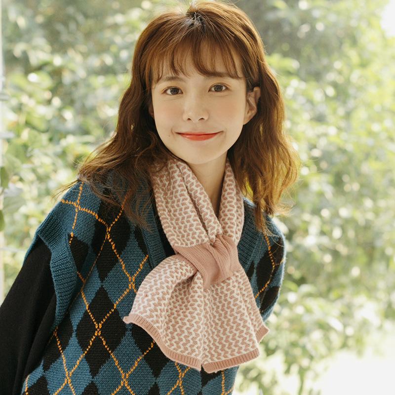 Autumn and Winter Short Plaid Cross Lazy Scarf Female Korean Style Student Girl Knitted Warm Scarf Halter Neck