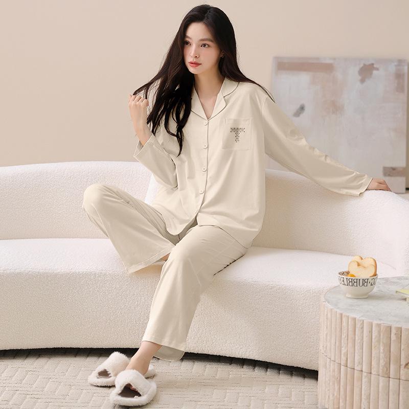 Couple pajamas pure cotton long-sleeved spring and autumn women's simple casual men's comfortable cardigan cotton loungewear set