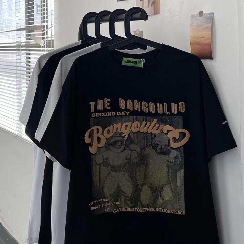 Мужская футболка больших размеров в американском ретро-уличном стиле с принтом, с коротким рукавом, летняя, свободная и удобная