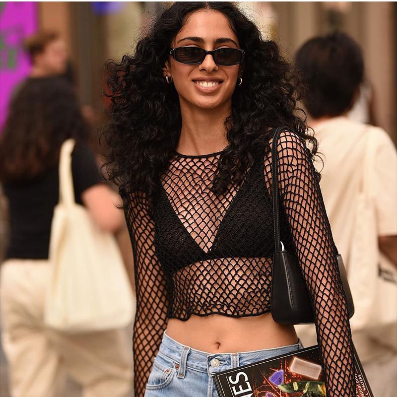 Женская сексуальная рыболовная сеть перспектива короткая футболка с ажурной сеткой крышка круглый вырез открытый пупок топ