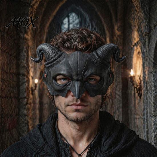 Gothic Masquerade Mask Halloween Ram Horn Demon Mask, Horror Devil Half Face Fade-resistant Lightweight for Cosplay Costume Party Dark Style