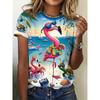 Ladies' Tropical Flamingo and Beach Scene Printed Casual T-shirt - Short Sleeve Round Neck Summer Top
