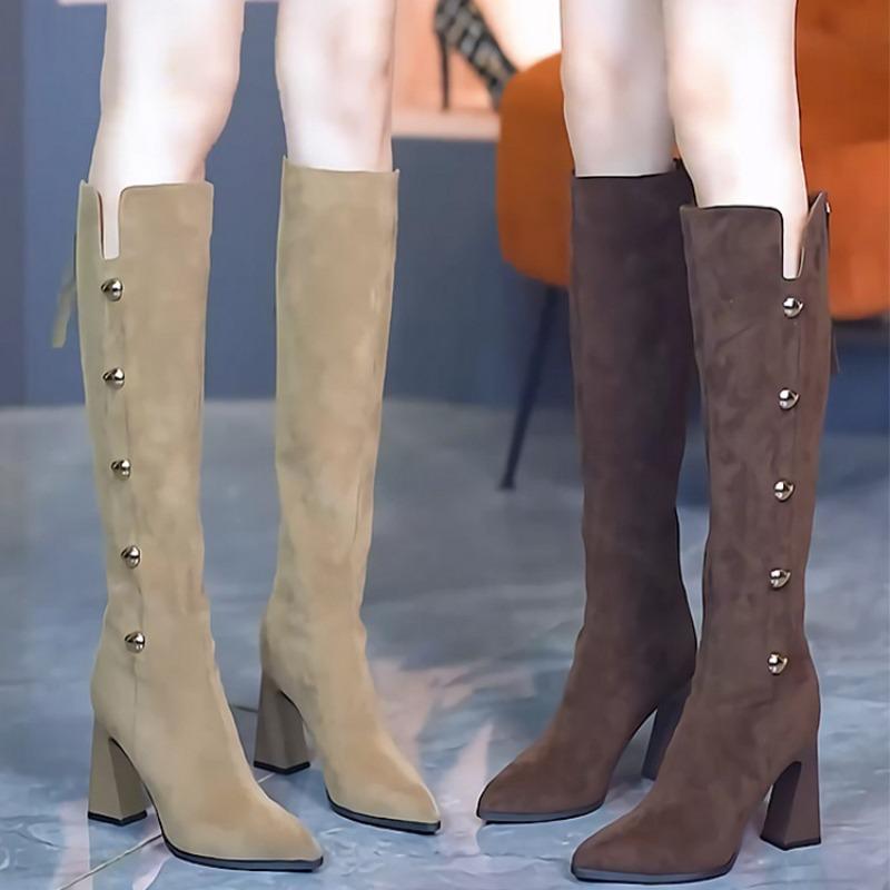 Модные высокие сапоги до колена, женские замшевые туфли с острым носком и высоким каблуком, зимние трендовые готические туфли челси, массивные ботинки Mujer