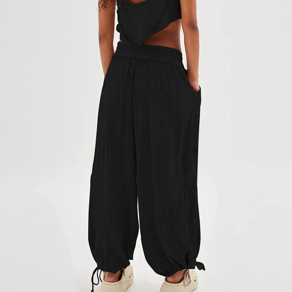 Женские модные свободные однотонные повседневные брюки с эластичной резинкой на талии и карманами