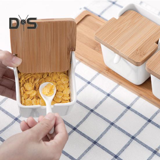 Коробка для приправ с откидной крышкой и ложкой на 250 мл, керамическая кастрюля для специй, соли, сахара, кухонный гаджет