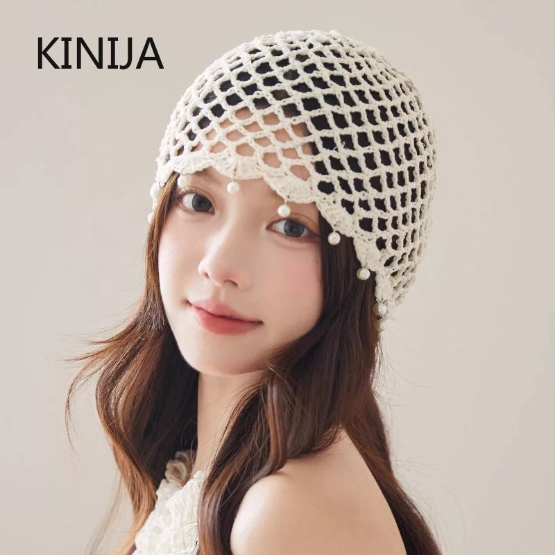 Hollowed Out Woven Pullover Hats Crochet Breathable Beret Cap Pearl Fringed Retro Beanies Cap for Women Summer Korean