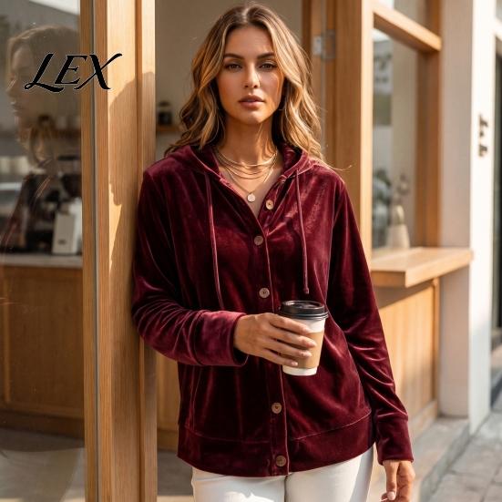 Lady Warm Coat Women Button Front Velvet Hoodie, Long Sleeve Hooded Jacket, Winter Hoodie Loose Fit Casual Drawstring for Autumn Relaxed