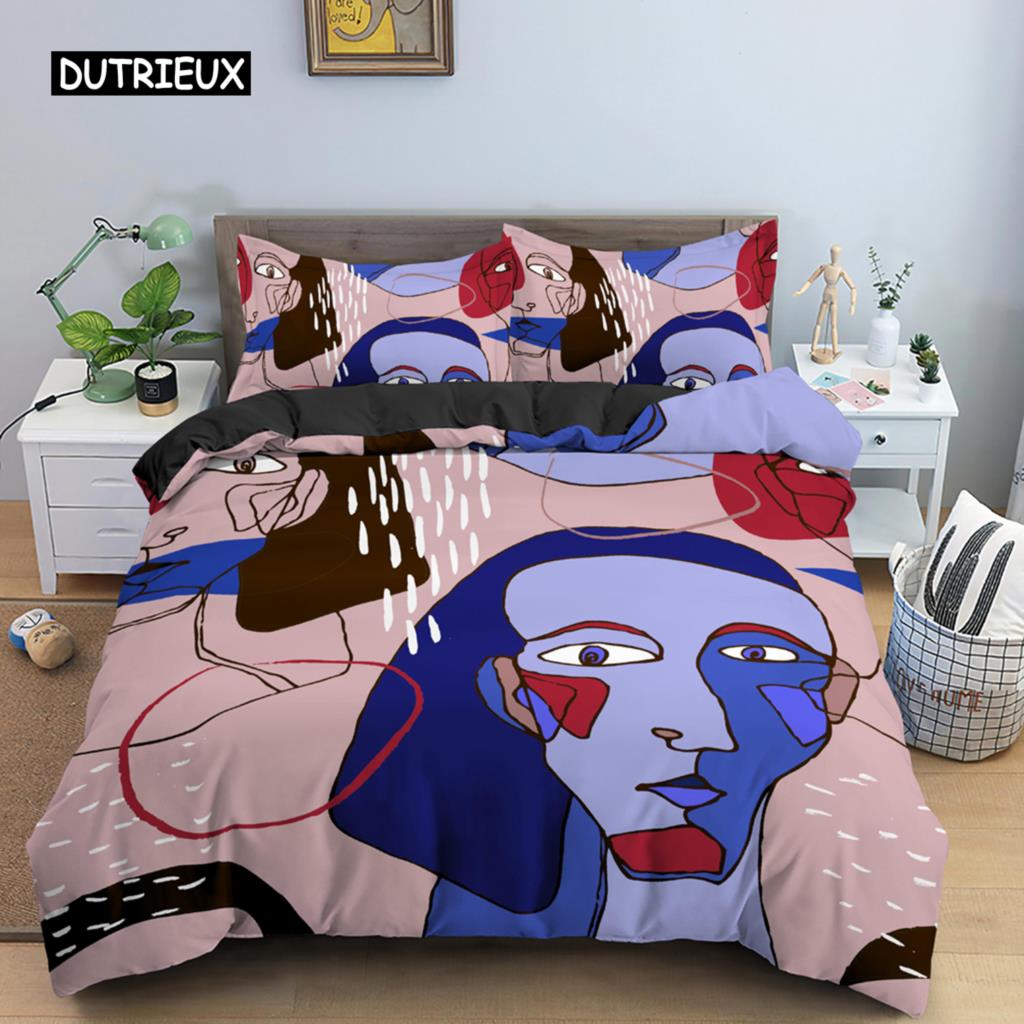 Комплект постельного белья с портретом в скандинавском стиле с абстрактным персонажем и пододеяльником King Size, полиэстер, современный стиль, декор комнаты