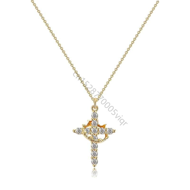 Elegant Crosses Pendant Necklace with Crowns Adjustable Chain Jewelry Accessory AXYD
