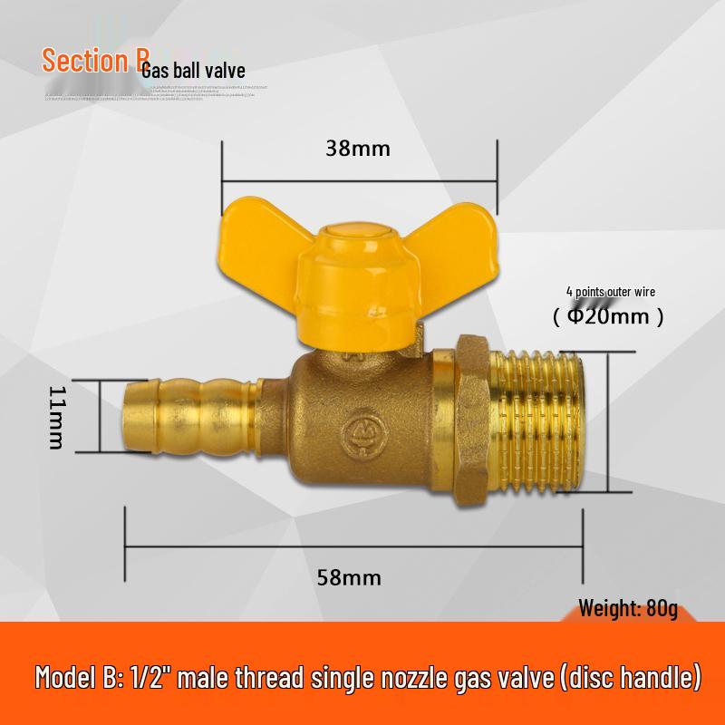 All-Copper Thickened Double Male Thread Gas Ball Valve, 4-Point Natural Gas Valve Switch