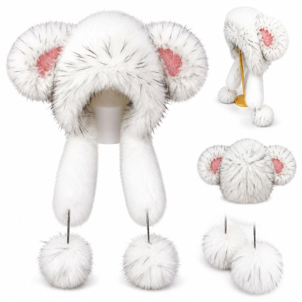 Thick Plush Rabbit Ear Hat White Plush Earflap Hat Cute Style Women's Hat Daily Outfits