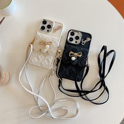 Кошелек-чехол для телефона Bow Pearl для IPhone17Promax, веревка для кроссбоди, стразы, английский для Apple 15, женский