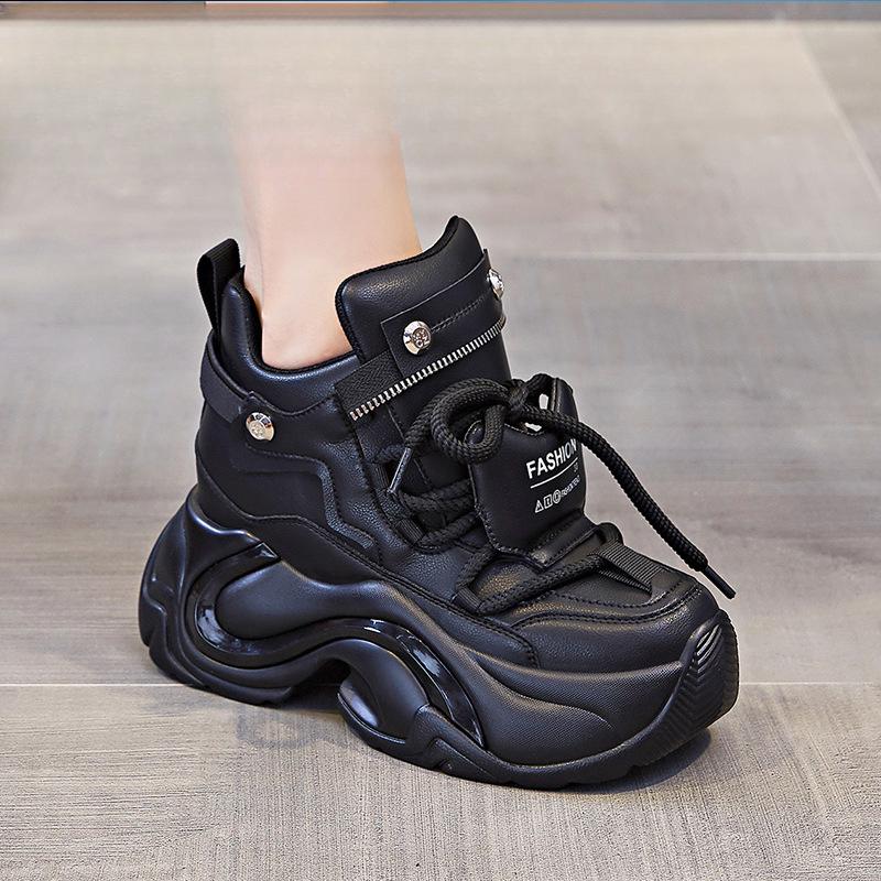 Height Increasing Insole Women's Shoes Authentic Leather Clunky Sneakers Spring New All-Matching Platform Shoes Thick Sole Lightweight Casual Sneaker