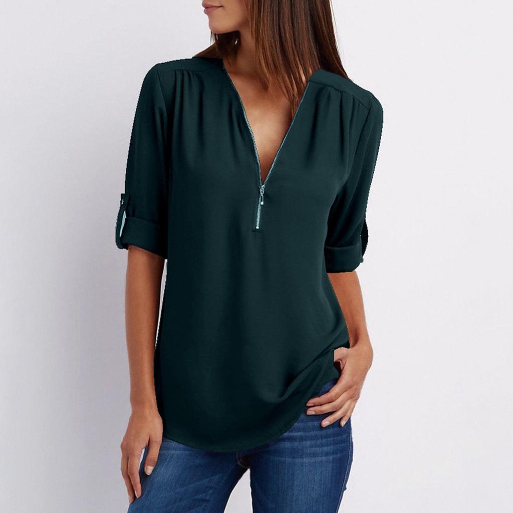 Women's Fashion Commuting Zipper V-Neck Rollable Sleeve Casual Solid Tops Blouse Loose T-Shirt