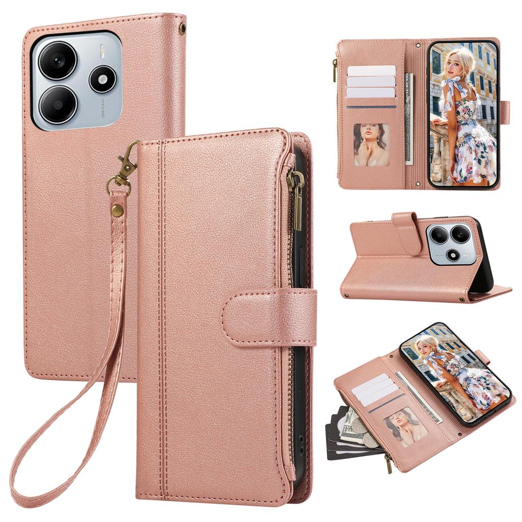 Для Xiaomi Redmi Note 14 4G (163,25 мм) Чехол Multi Card Slots Zipper Leather Phone Cover with Wrist Strap - Фиолетовый