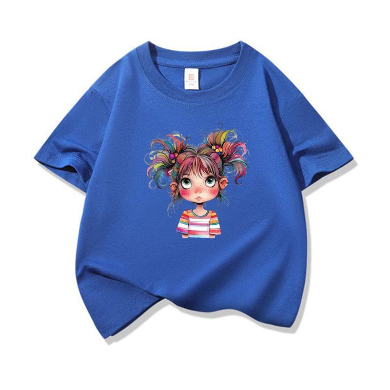 Kids Cotton T Shirt Bright Rainbow Hair Girl Watercolor Print Crew Neck Short Sleeve Tee Casual Boys Girls Summer Tops
