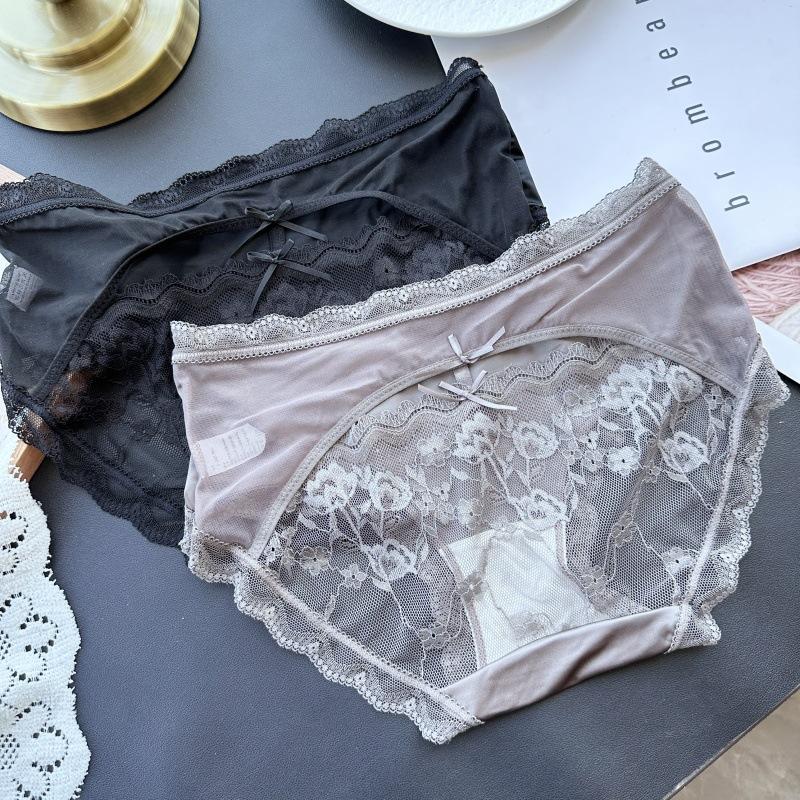 Ladies Spring Summer Sexy After Hollowed-out Ice Silk Gauze Lace Mid-waist Panties