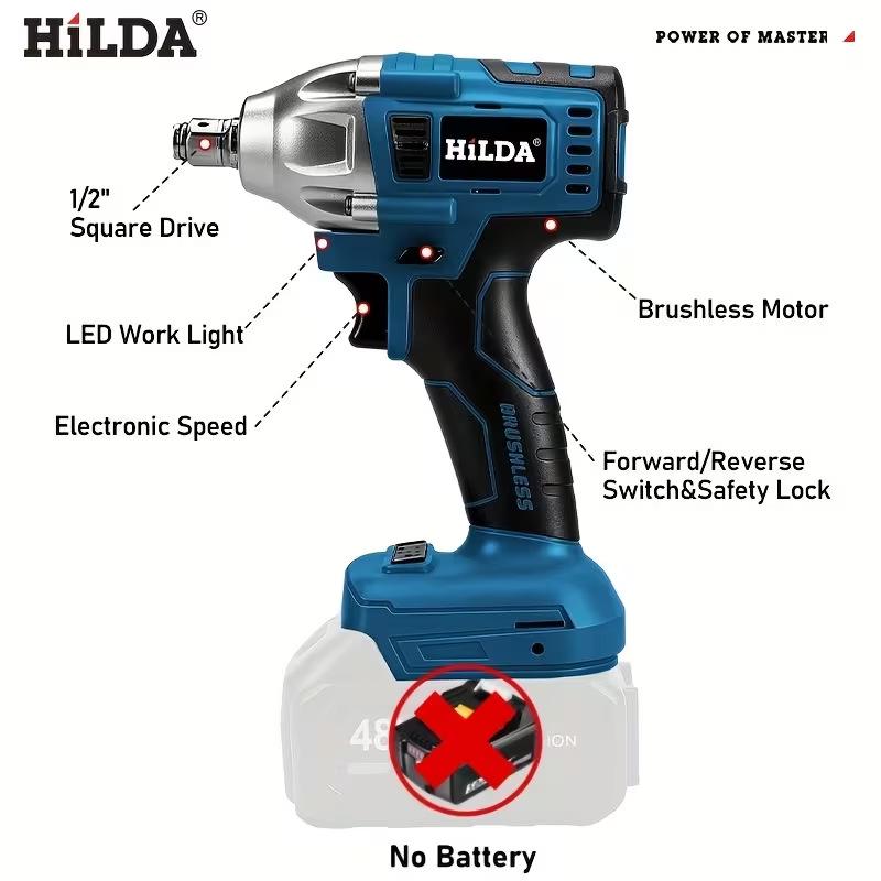 HILDA 18V Бесщеточный гайковерт со светодиодной подсветкой - Многофункциональный инструмент для авторемонта с высоким крутящим моментом.