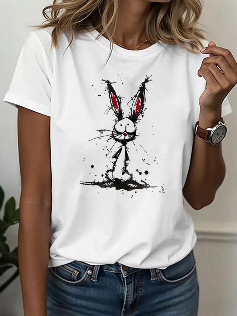 Summer Cartoon Cute Rabbit Printed Women's Short Sleeved T-Shirt Fashion Casual Oversize Tees Elegant Round Neck Woman Clothes